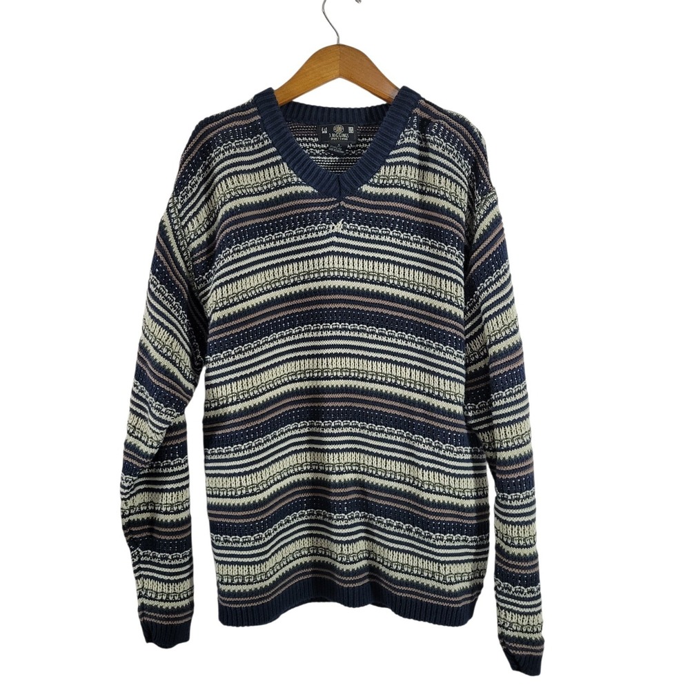J riggings Sportswear Striped Knit Sweater Mens Small Blue Brown V Neck Vintage